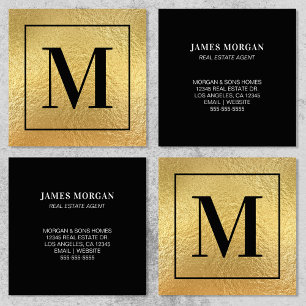 Faux Gold Foil Black Border Monogram Square Business Card