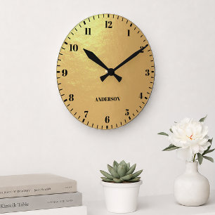 Faux Gold Foil Black Numbers Custom Name  Round Clock