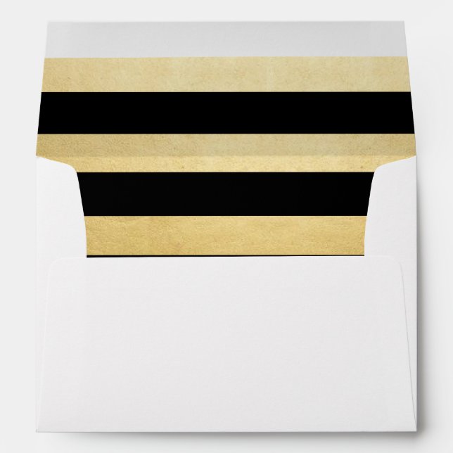 Faux Gold Foil Black Stripe Wedding Return Address Envelopes (Back (Bottom))