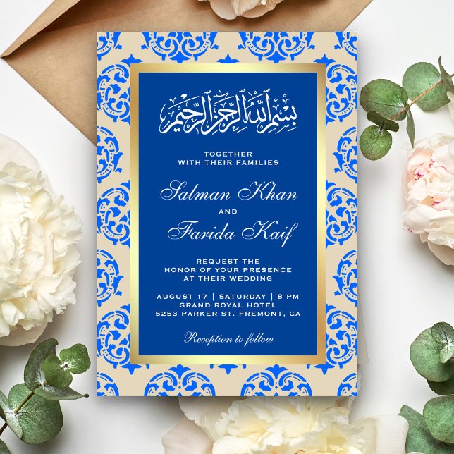 Faux Gold Foil Blue Damask Islamic Muslim Wedding Invitation (Creator Uploaded)