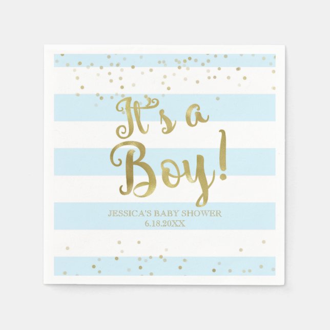 Faux Gold Foil, Blue Stripes Baby Shower Its a Boy Napkin (Front)
