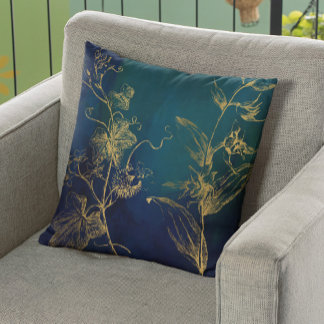 Faux gold foil botanical leaves navy vintage chic throw pillow
