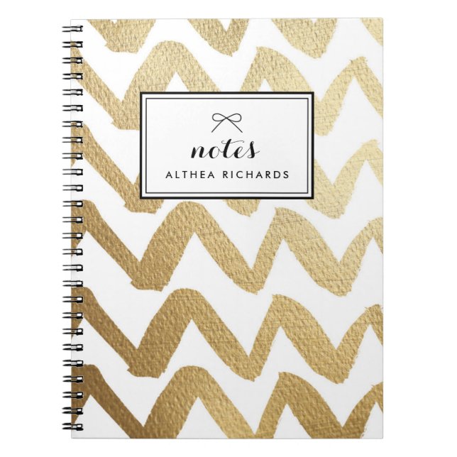 Faux Gold Foil Brush Chevron Pattern Personalized Notebook (Front)