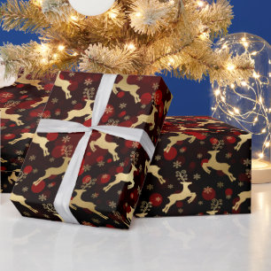 Faux Gold Foil Christmas Reindeer & red bokeh Wrapping Paper