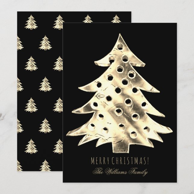 Faux Gold Foil Christmas Tree Modern Elegant Black Invitation (Front/Back)