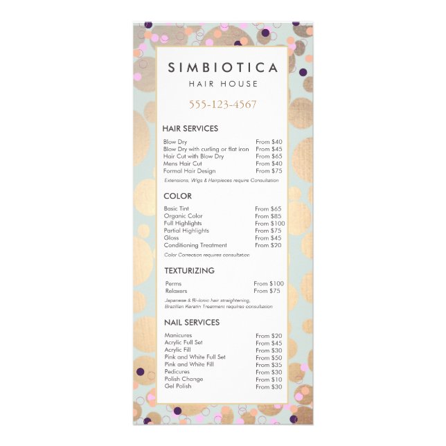 Faux Gold Foil Circles Confetti Salon Service Menu (Devant)