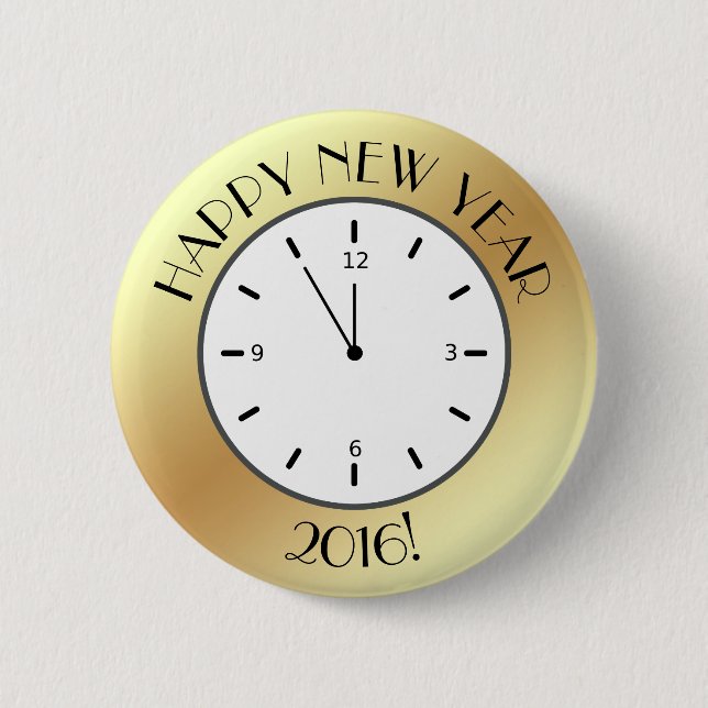 Faux Gold Foil Clock Midnight Happy New Year 2 Inch Round Button (Front)
