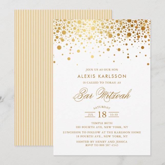 Faux Gold Foil Confetti Bar Mitzvah Invitation (Front/Back)