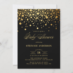 Faux Gold Foil Confetti Black Baby Shower Invitation
