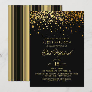 Faux Gold Foil Confetti Black Bat Mitzvah Invitation