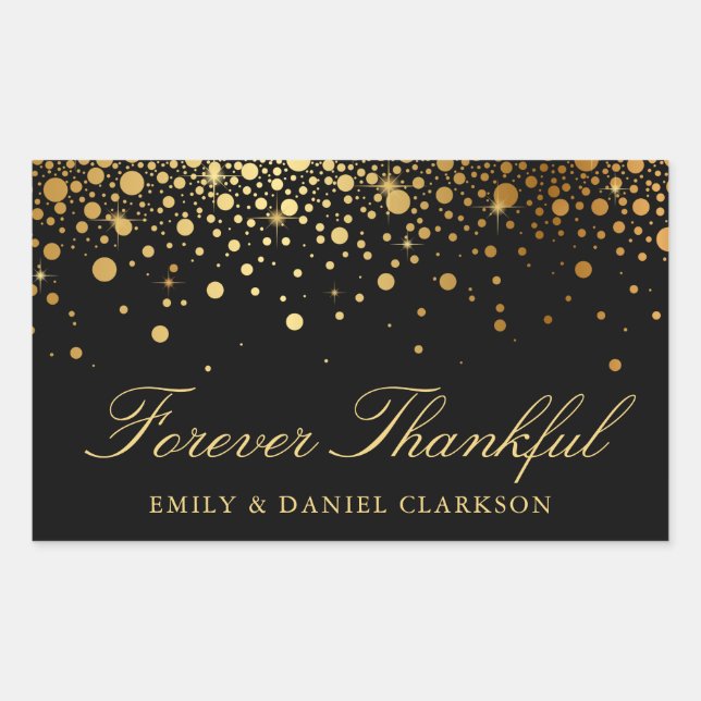 Faux Gold Foil Confetti Black Wedding Thank You Sticker (Front)