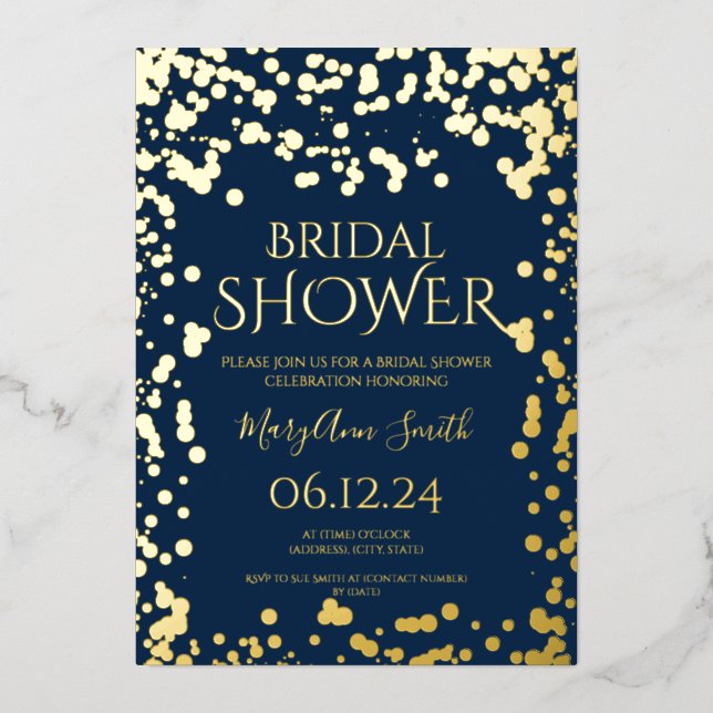 Faux Gold Foil Confetti Bridal Shower Navy Blue (Front)