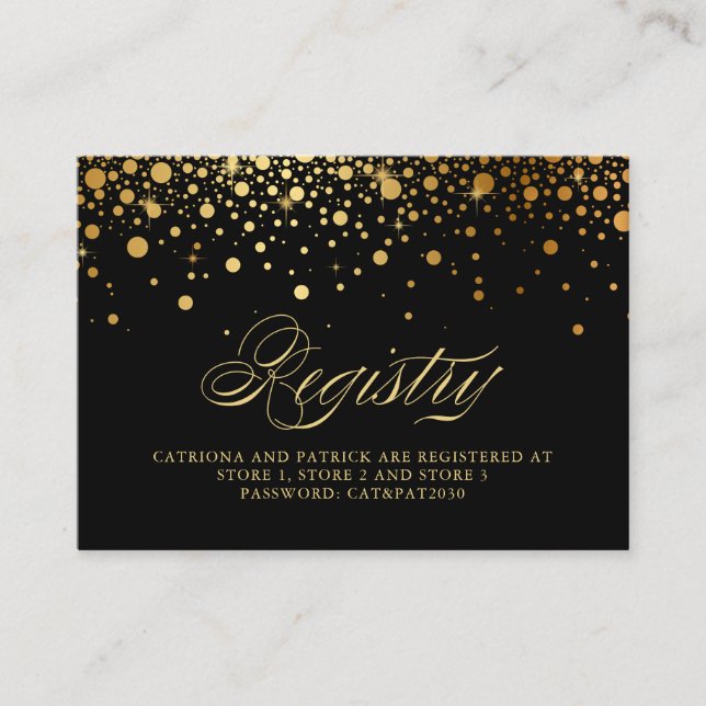 Faux Gold Foil Confetti Dots Black Registry Card (Front)
