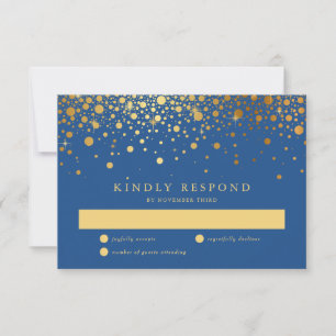 Faux Gold Foil Confetti Dots Blue RSVP Card