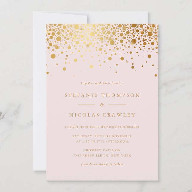 Faux Gold Foil Confetti Dots Blush Wedding Invitation (Front)
