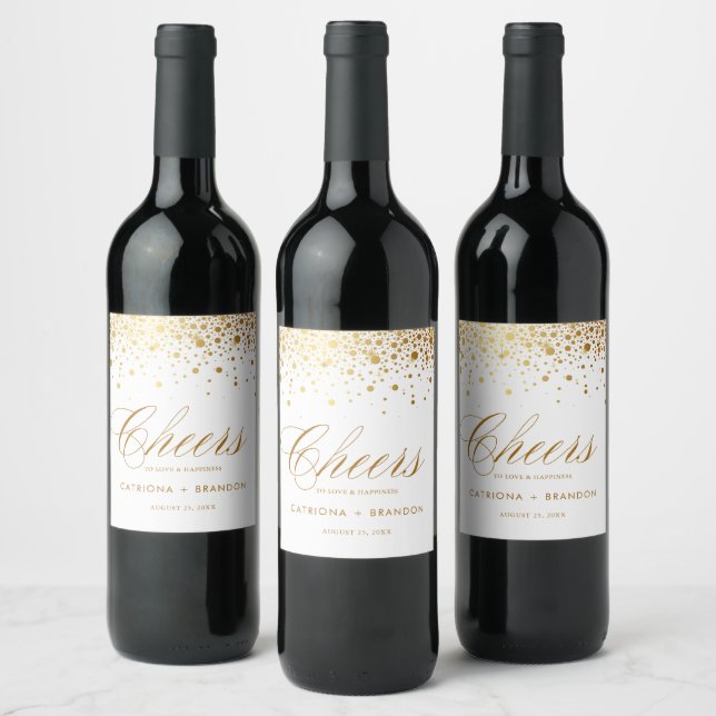 Faux Gold Foil Confetti Dots Cheers Wedding Wine Label (Bottles)