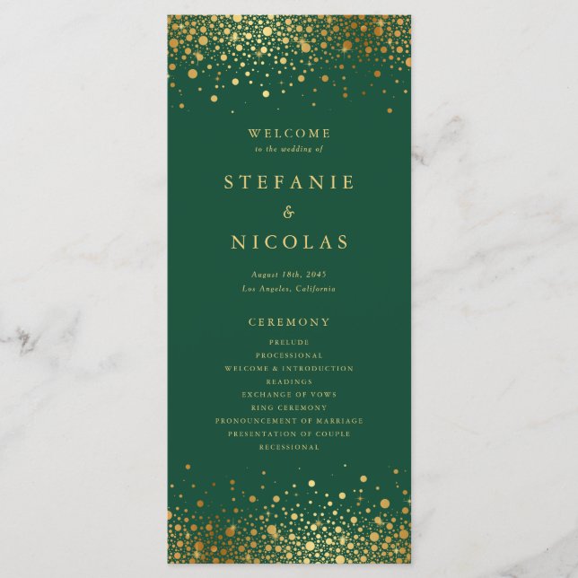 Faux Gold Foil Confetti Dots Green Wedding Program (Front)