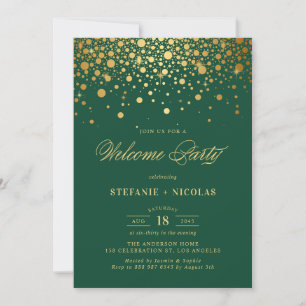 Faux Gold Foil Confetti Dots Green Welcome Party Invitation
