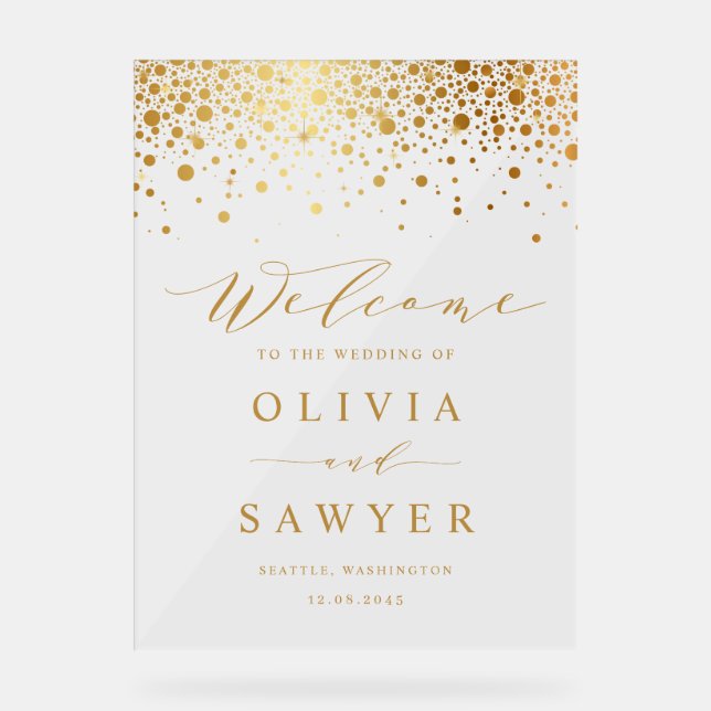 Faux Gold Foil Confetti Dots Mariage blanc Bienven (Recto)