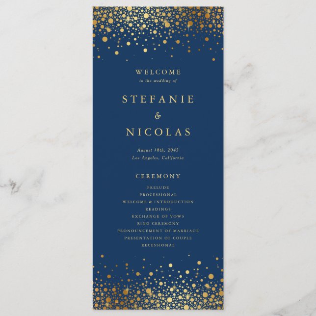 Faux Gold Foil Confetti Dots Navy Blue Wedding Program (Front)