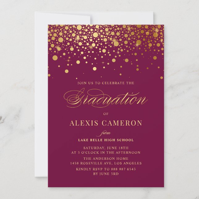 Faux Gold Foil Confetti Dots Purple Graduation Invitation (Front)