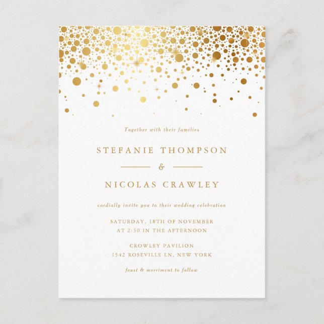 Faux Gold Foil Confetti Dots Wedding Invitation Postcard (Front)