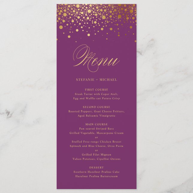 Faux Gold Foil Confetti Elegant Purple Menu Card (Front)