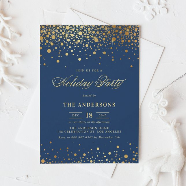 Faux Gold Foil Confetti Holiday Party | Navy Blue Invitation (Creator Uploaded)