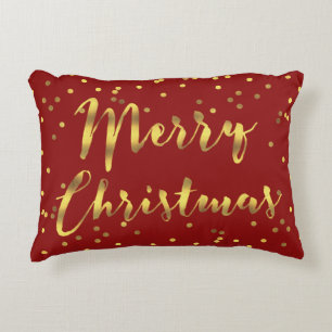 Faux Gold Foil Confetti Merry Christmas Red Decorative Pillow