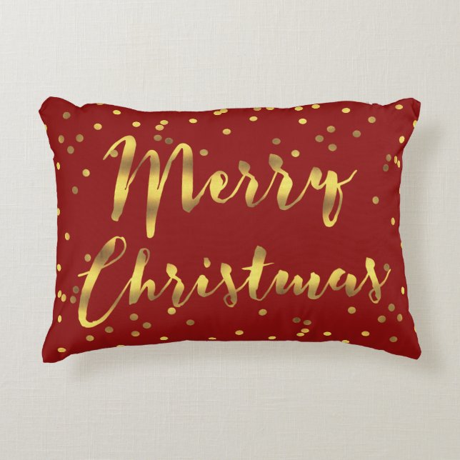 Faux Gold Foil Confetti Merry Christmas Red Decorative Pillow (Front)