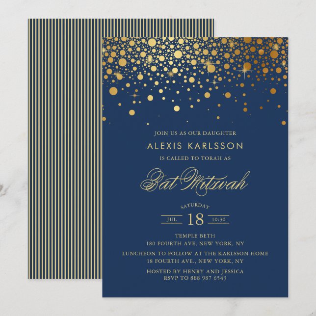 Faux Gold Foil Confetti Navy Blue Bat Mitzvah Invitation (Front/Back)