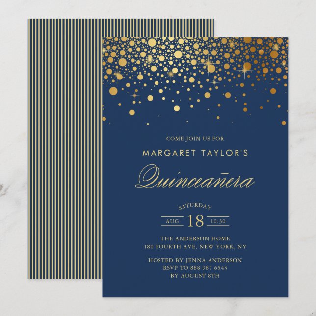 Faux Gold Foil Confetti Navy Blue Quinceañera Invitation (Front/Back)