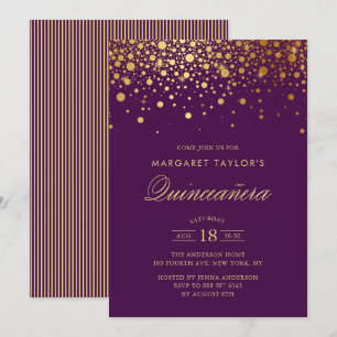 Faux Gold Foil Confetti Purple Quinceañera Invitation