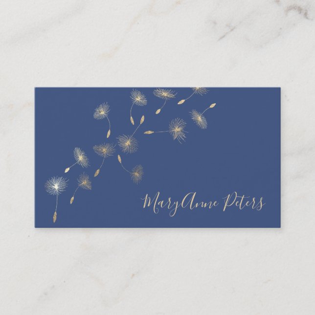 faux gold foil dandelions on blue background business card (Front)