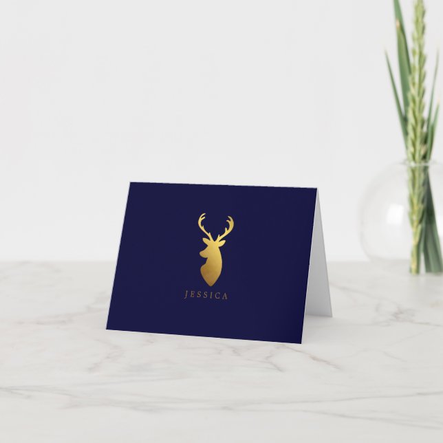 Faux Gold Foil Deer Head Note Card (Front)