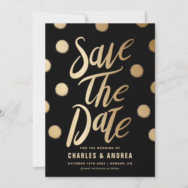Faux Gold Foil Dots Modern Black Save The Date (Front)