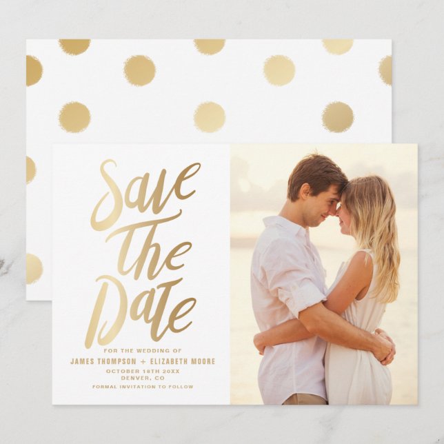 Faux Gold Foil Dots Save the Date Announcement (Front/Back)