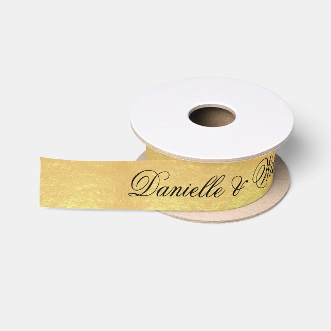Faux Gold Foil Elegant Black Calligraphy Wedding Satin Ribbon (Spool)