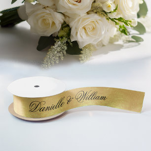 Faux Gold Foil Elegant Black Calligraphy Wedding Satin Ribbon