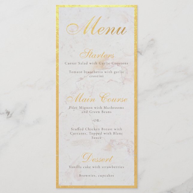 Faux Gold Foil Elegant Calligraphy White Marble Me Menu (Front)
