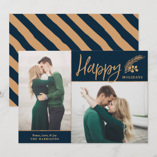 Faux Gold Foil Elegant Happy Photo Navy Holiday Card