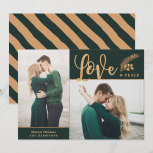 Faux Gold Foil Elegant Love Peace  Photo   Green Holiday Card