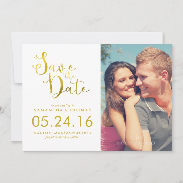 Faux Gold Foil Elegant Script Save the Date (Front)