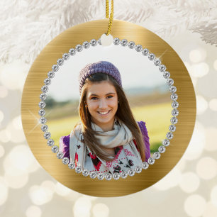 Faux Gold Foil Family Photo Monogram Ceramic Ornament