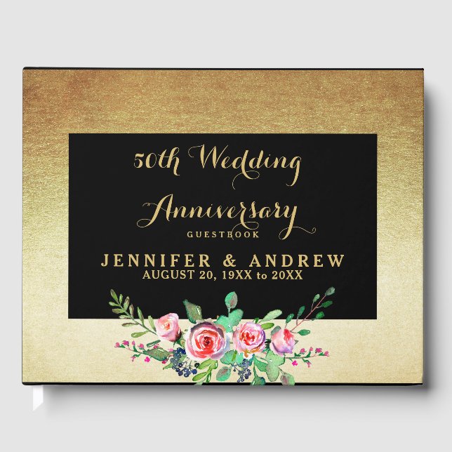 Faux Gold Foil Floral 50th Wedding Anniversary Guest Book (Front)
