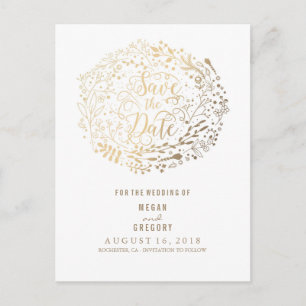 faux gold foil floral bouquet wreath save the date announcement postcard