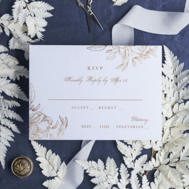 Faux Gold Foil Floral Hand Drawn Elegant Wedding RSVP Card (Creator Uploaded)
