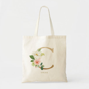 Faux Gold Foil Floral Letter C Monogram Bridesmaid Tote Bag