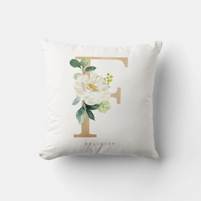 Faux Gold Foil Floral Letter F Monogram Throw Pillow (Front)