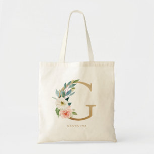 Faux Gold Foil Floral Letter G Monogram Bridesmaid Tote Bag